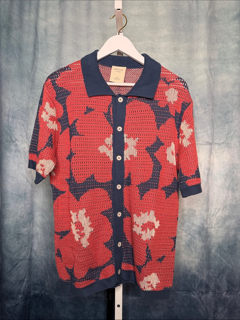 Men's Floral Knit Polo Shirt in Red & Navy Size Medium